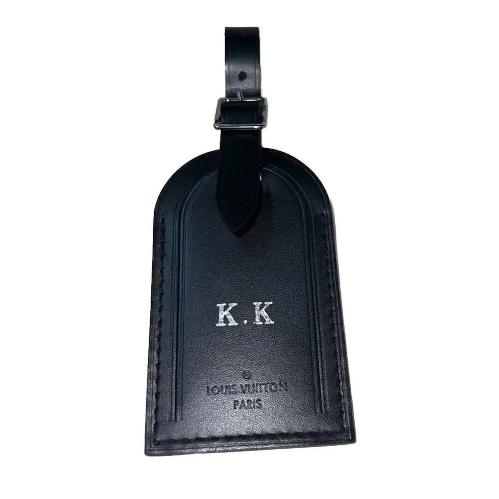 Louis Vuitton Paris Black Leather Name Tag Silver tone Metal w/ KK Stamped